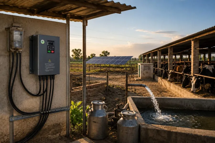 A variable frequency drive on a dairy farm, filling a cattle water trough