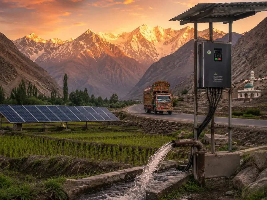 A variable frequency drive on a tubewell irrigating terraced paddy fields below snow-capped mountains