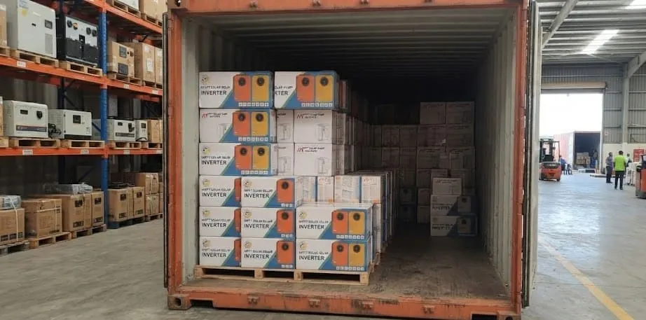 S3 Solar inverters being unloaded from a shipping container