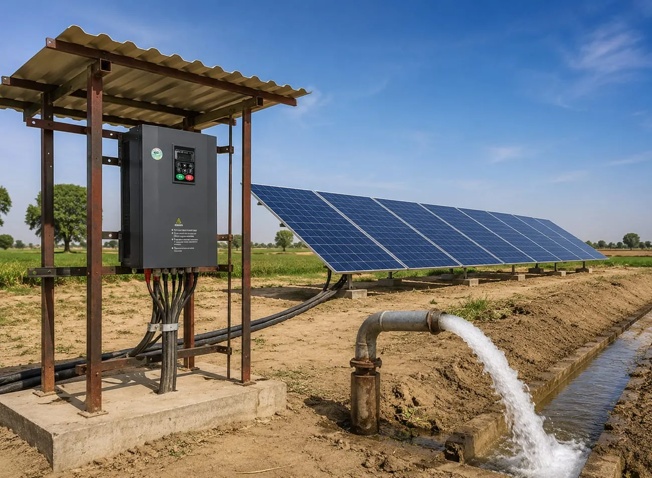 A variable frequency drive on a field-side tubewell, water running into an irrigation channel