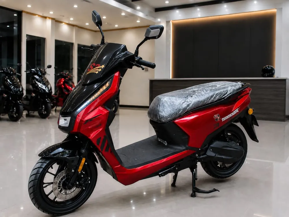 S3 Bikes AE4 — a red and black electric scooter in a showroom, front three-quarter view
