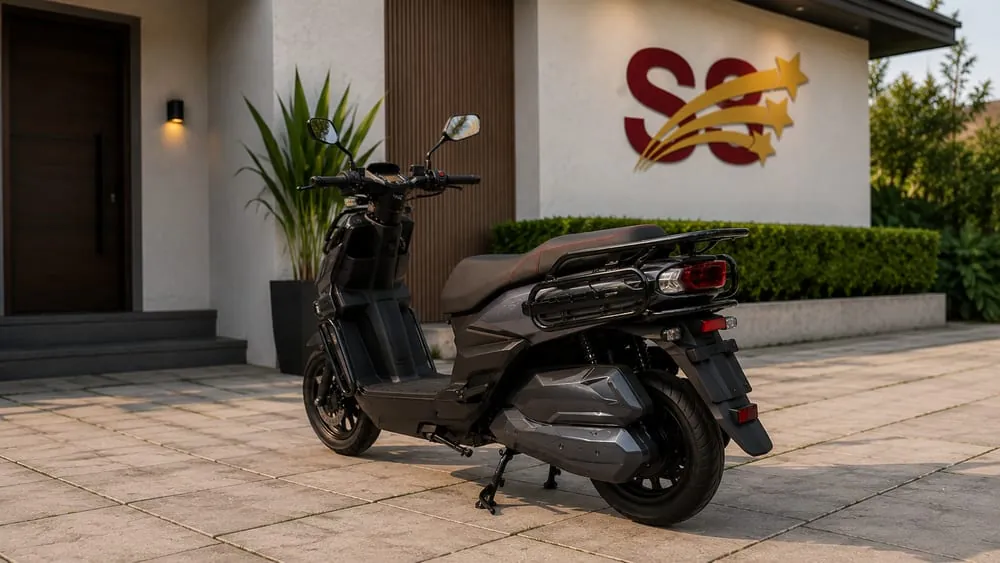 S3 Bikes TANK3 from the rear three-quarter, beside the S3 wall logo