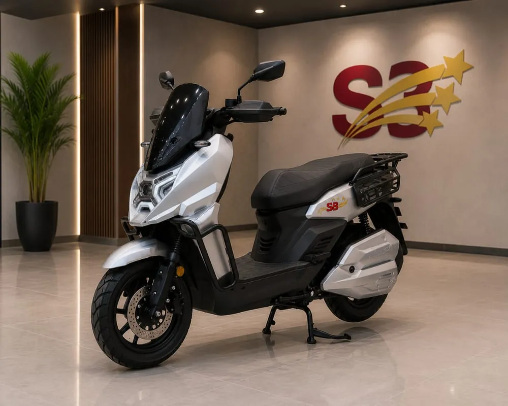 S3 Bikes TANK4 in a showroom beside the S3 wall logo