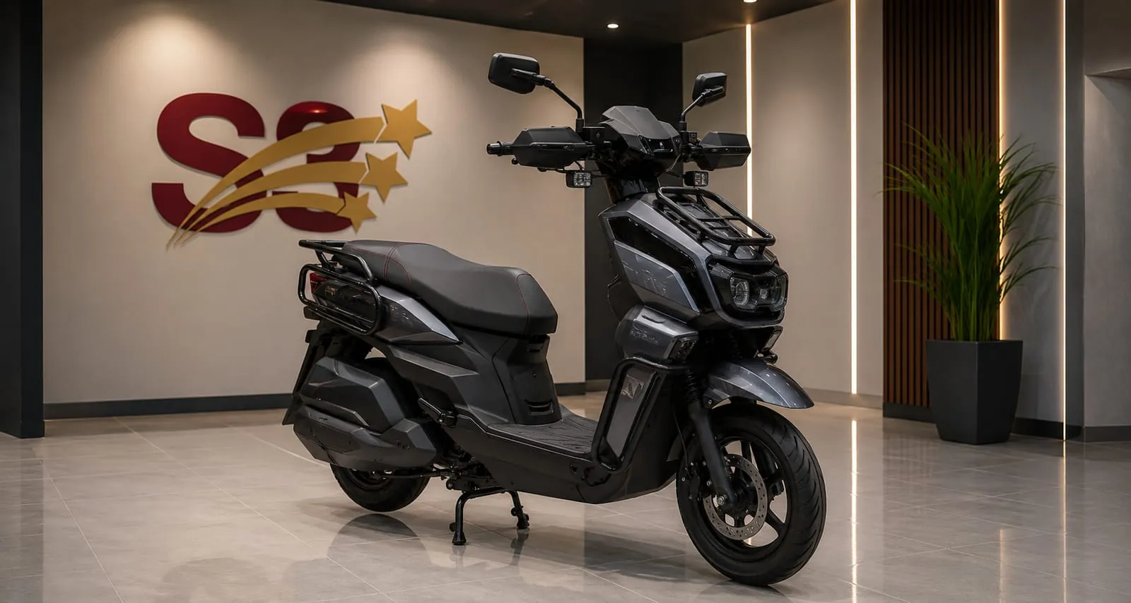 An S3 electric scooter in a showroom beside the S3 wall logo