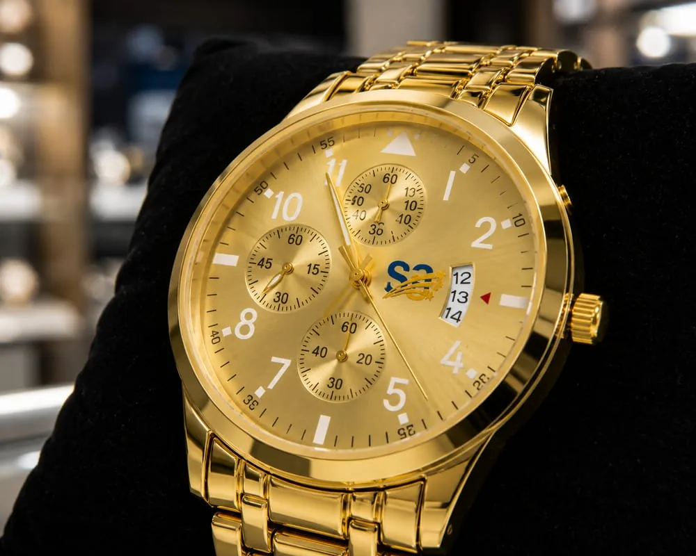 Close view of the gold dial, its subdials and the date window