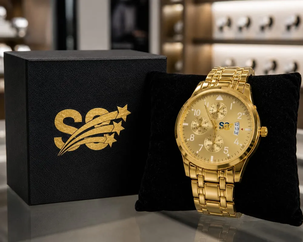 An S3 watch in gold beside its S3 presentation box