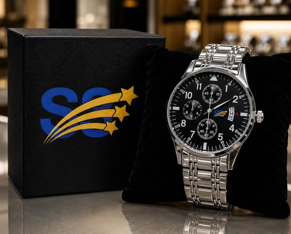 S3 watch with a silver case and bracelet and a black chronograph dial, beside its S3 presentation box