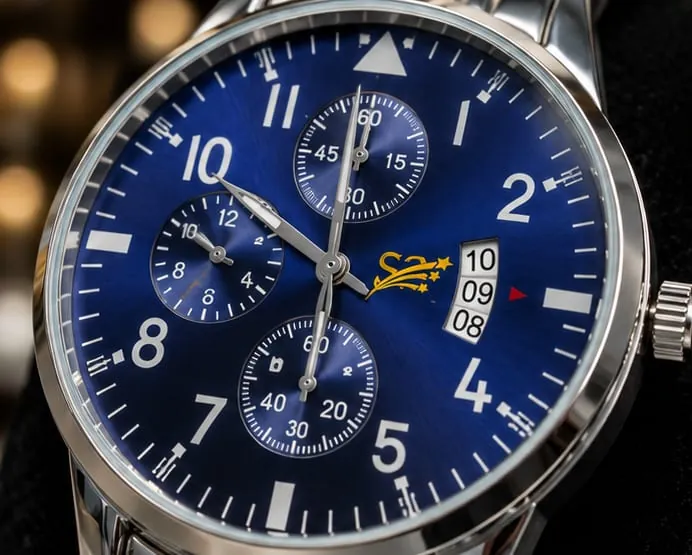 Close view of the blue sunburst dial and its subdials