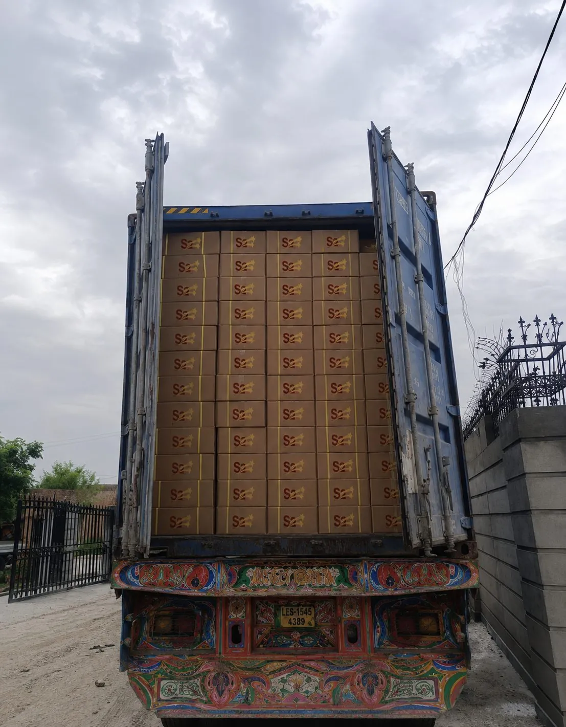 A truck loaded with S3 Solar-branded inverter boxes arriving in Pakistan